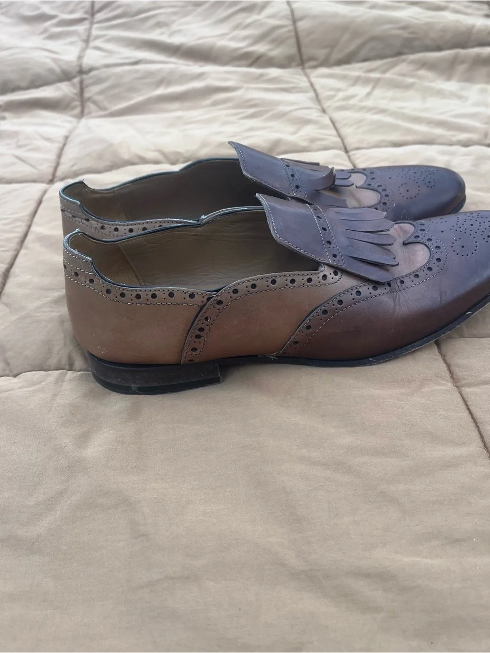 Paul Fredrick Two-Tone Brown and Tan Fringe Kiltie Tassel Loafers Size 8
